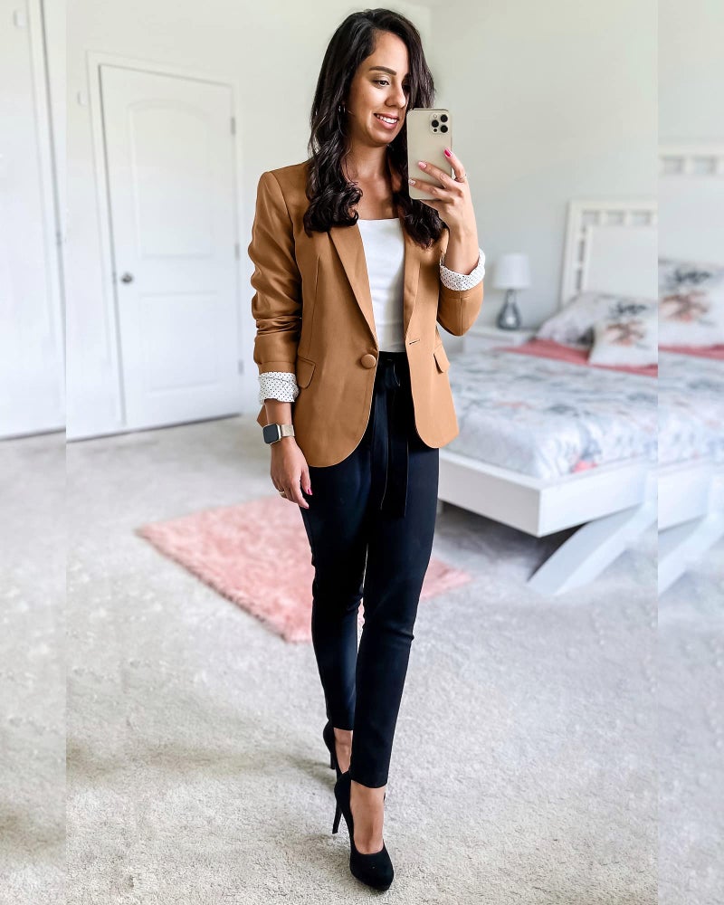 LookbookStore Women's Casual Dark Brown Blazer Front Buttons Shoulder Pads Work Office Business Blazer Jacket Suit Size M - Image 3